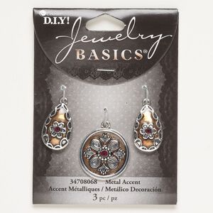 Drop assortment, brass / glass / enamel, pkg/3, 25mm round and 23x14mm teardrop, copper / antique silver finish / red.