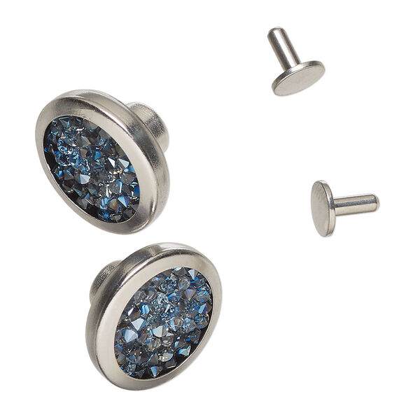 Jean button, Vintage Crystal™, imitation rhodium-finished brass and crystal, opaque Bermuda blue, 16.5mm round (1795/140). Sold per pkg of (2) 2-piece sets. image number 0
