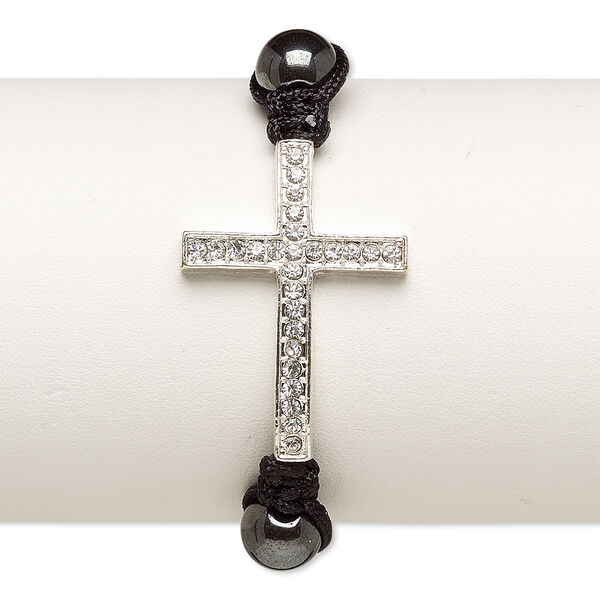 Bracelet, Hemalyke™ (manmade) / glass rhinestone / waxed cotton cord / silver-plated "pewter" (zinc-based alloy), black and clear, 36.5x26mm curved cross, adjustable from 7-10 inches with macramé knot closure. Sold individually. image number 0
