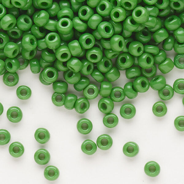 Seed bead, Dyna-Mites™, glass, opaque green, #6 round. Sold per 40-gram pkg. image number 0
