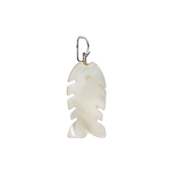 Pendant, mother-of-pearl shell (bleached) / antique silver-finished "pewter" (zinc-based alloy) / steel, 17x10mm-18x11mm single-sided carved fish skeleton. Sold individually. image number 0