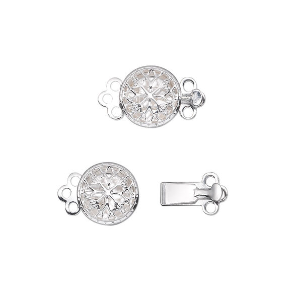 Clasp, 3-strand tab, silver-plated brass, 9mm single-sided filigree round. Sold per pkg of 100. image number 0