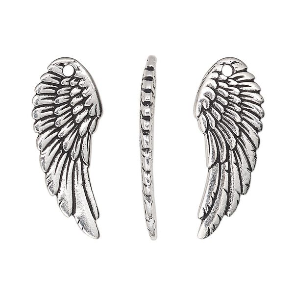 Charm, TierraCast®, antique silver-plated pewter (tin-based alloy), 27.5x11mm two-sided curved wing. Sold per pkg of 20. image number 0