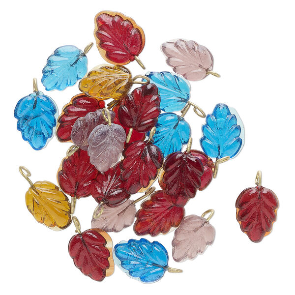 Drop mix, antique gold-finished brass and glass, translucent mixed colors, 15x12mm-17x13mm leaf. Sold per pkg of 25. image number 0