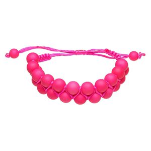 Bracelet, nylon and acrylic, neon pink, 18mm wide with 8mm round, adjustable from 5-1/2 to 10 inches with wrapped knot closure. Sold individually.