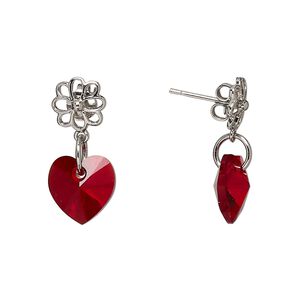 Earstud, Everyday Jewelry™, Crystal Passions® and silver-plated "pewter", Siam, 21mm with flower and heart. Sold per pair.