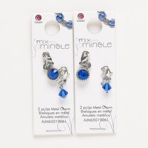 Drop, silver-finished "pewter" (zinc-based alloy) / steel / glass, blue, 22x7mm single-sided and 24x9mm single-sided with lobster claw clasp. Sold per pkg of (2) 2-piece sets.