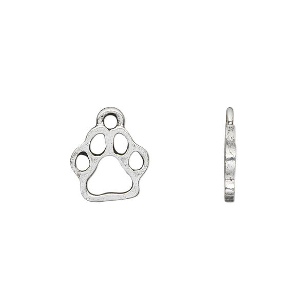 Charm, pewter (tin-based alloy), pkg/1, antique silver plate, 13.5x11mm double-sided open paw print. image number 0