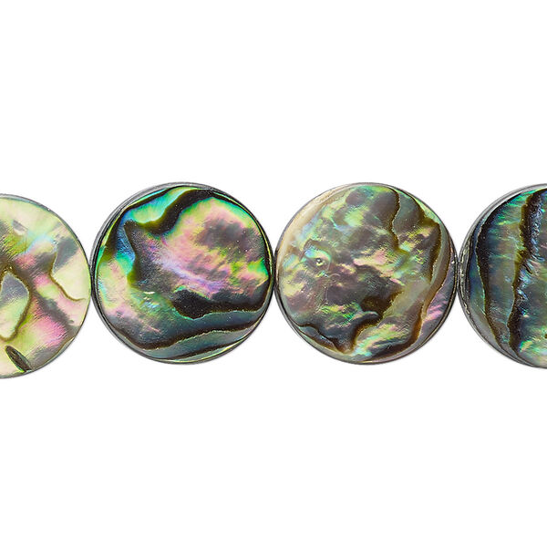Bead, paua shell and resin (assembled), 15mm flat round. Sold per 15-1/2" to 16" strand. image number 0