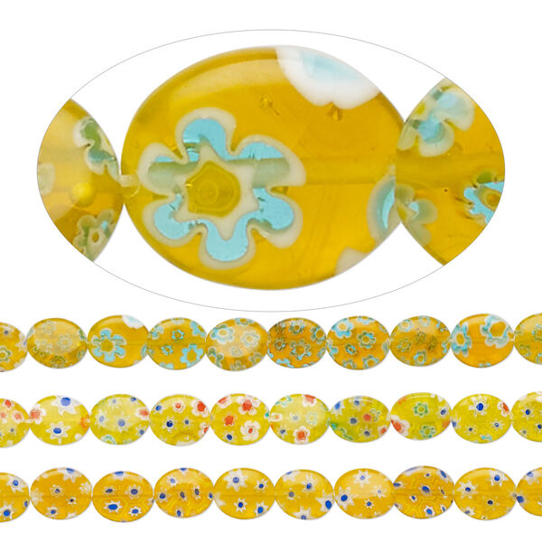 Bead, millefiori glass, translucent multicolored, 12x10mm puffed oval with flower design. Sold per pkg of (3) 14-inch strands. image number 0