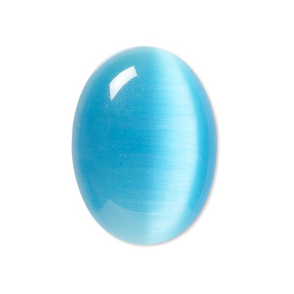 Cabochon, cat's eye glass (fiber optic glass), turquoise blue, 30x22mm calibrated oval, quality grade. Sold per pkg of 2. image number 0