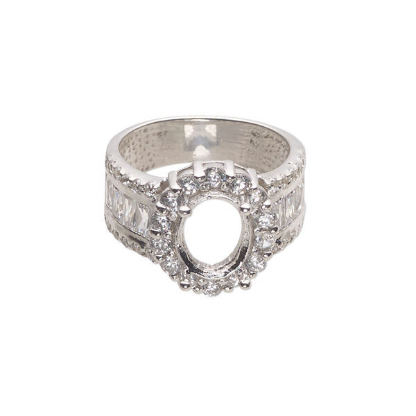 Ring, cubic zirconia and rhodium-plated sterling silver, clear, 15mm wide with open back with 10x8mm oval 4-prong setting, size 7. Sold individually. image number 0