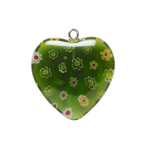 Drop, millefiori glass and silver-finished steel 1pkg1, translucent multicolored, 24-26mm puffed heart.