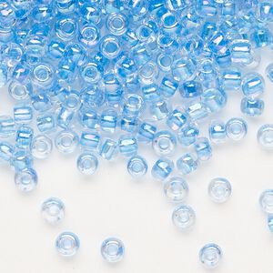 Seed bead, Dyna-Mites™, glass, transparent rainbow inside color blue, #6 round. Sold per 40-gram pkg.