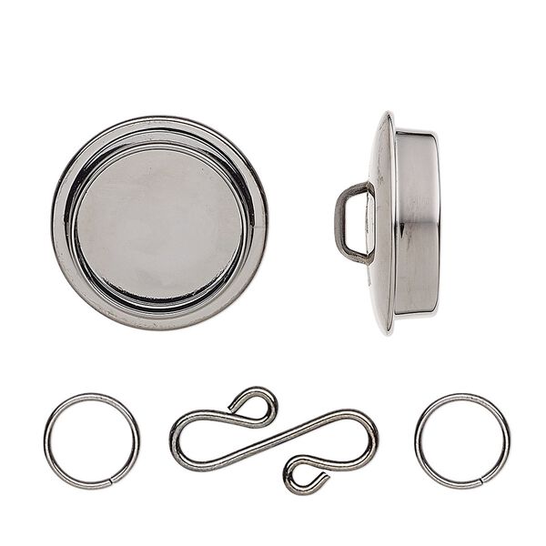 Clasp, gunmetal-plated "pewter" (zinc-based alloy), 25mm round with 19mm non-calibrated round bezel setting and 17x9mm S-hook with (2) 8mm jump rings. Sold individually. image number 0
