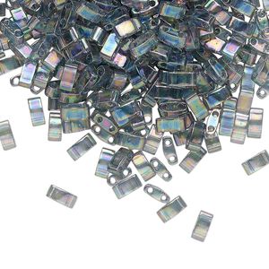 Seed bead, TILA®, glass, pkg/250g, 5x2.3mm half tila rectangle, translucent rainbow luster dark grey, (HTL-2440D).