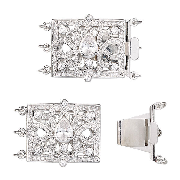 Clasp, 3-strand tab, cubic zirconia and rhodium-plated brass, clear, 25.5x23mm rectangle with fancy design and 6 jump rings. Sold individually. image number 0