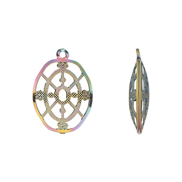 Drop, electro-coated stainless steel, rainbow, 18x14.5mm double-sided domed oval with textured cut-out cutout design. Sold per pkg of 6. image number 0