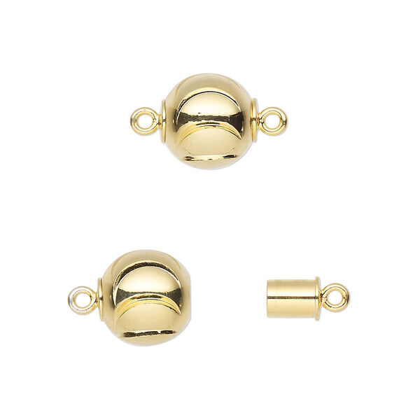 Clasp, magnetic, gold-plated brass, 10mm round with curved design. Sold individually. image number 0