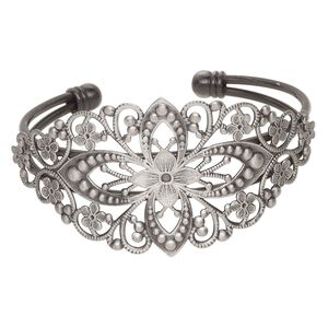 Bracelet, cuff, antique silver-plated brass, 35mm wide with filigree flower design, adjustable from 6-7 inches. Sold individually.