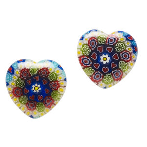 Bead, millefiori glass, translucent multicolored, 18-20mm half-drilled puffed heart with flower and heart design. Sold per pkg of 2.