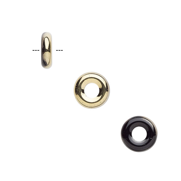 Bead, Czech pressed glass, opaque jet with half-coat bronze gold, 9.5x3mm ring. Sold per pkg of 50. image number 0