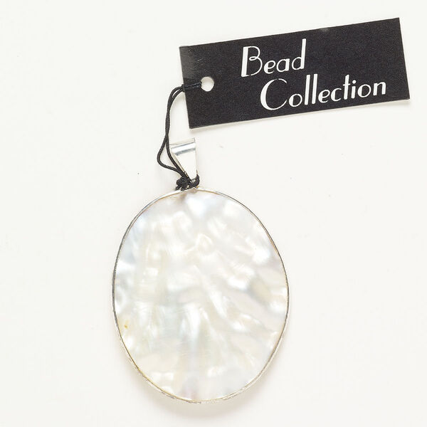 Pendant brass mother-of-pearl shell 1pk 53x40mm-55x42mm oval, silver finish white bleached image number 0