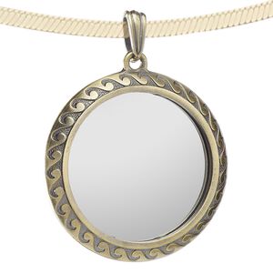 Pendant, glass and antique brass-finished "pewter" (zinc-based alloy), 53mm flat round with mirror and wave design. Sold individually.