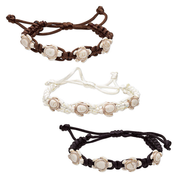 Bracelet, polyester and resin, black / dark brown / cream, 14mm wide with 18x14mm turtle, adjustable from 6-1/2 to 8-1/2 inches with wrapped knot closure. Sold per pkg of 3. image number 0