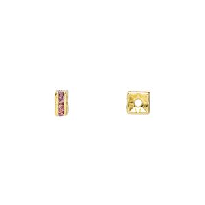Bead, glass rhinestone and gold-finished brass, rose, 4x2mm squaredelle. Sold per pkg of 10.