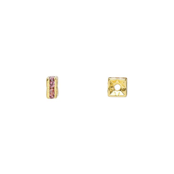 Bead, glass rhinestone and gold-finished brass, rose, 4x2mm squaredelle. Sold per pkg of 10. image number 0