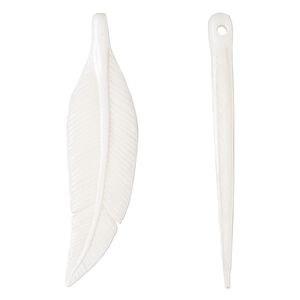 Focal, bone (bleached), white, 49x11mm hand-carved side-drilled double-sided feather, Mohs hardness 2-1/2. Sold per pkg of 2.