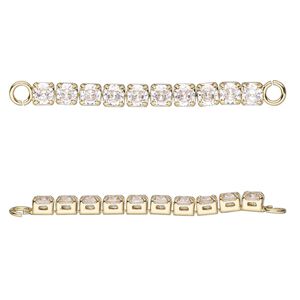 Link, cubic zirconia and gold-finished brass, clear, 35x3mm single-sided cupchain. Sold individually.