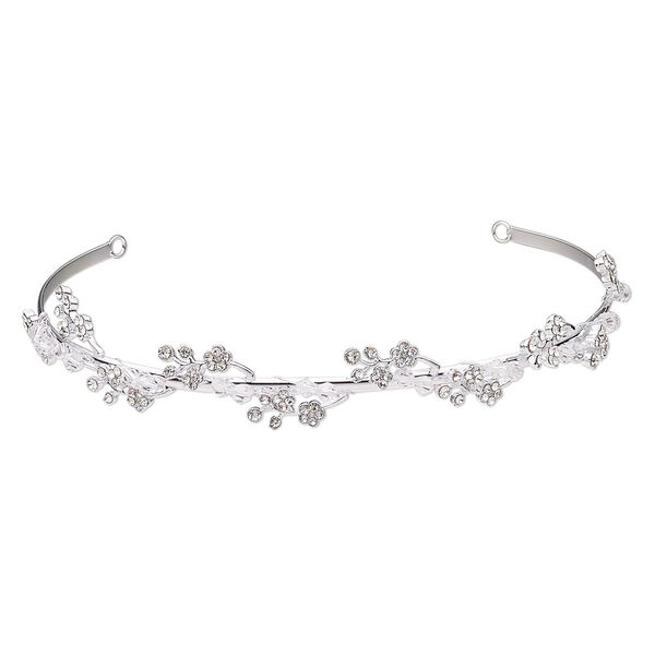 Headband, glass / glass rhinestone / imitation rhodium-plated brass, clear, 20mm wide with 2 loops, 15 inches. Sold individually. image number 0