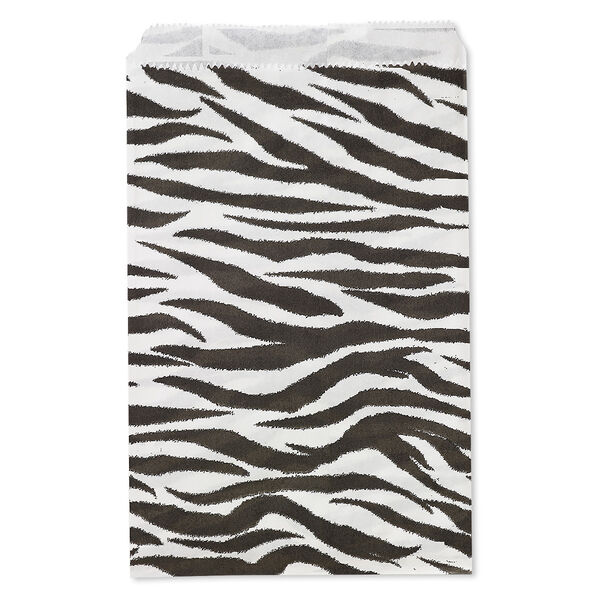 Bag, paper, white and black, 9x6 inches with zebra print and scalloped top edge. Sold per pkg of 100. image number 0