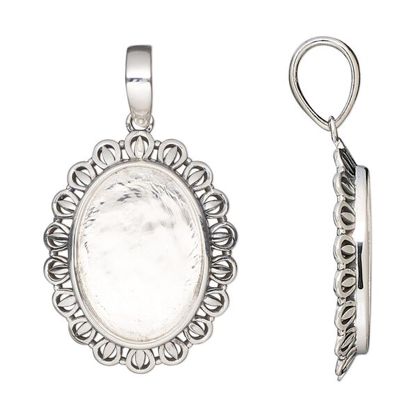 Pendant, antiqued sterling silver, 26x20.5mm oval with fancy rim and 18x13mm oval bezel setting. Sold individually. image number 0