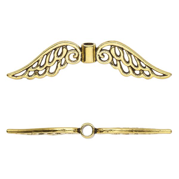 Bead, antique gold-finished "pewter" (zinc-based alloy), 53x13mm double-sided angel wing with cutout. Sold per pkg of 4. image number 0