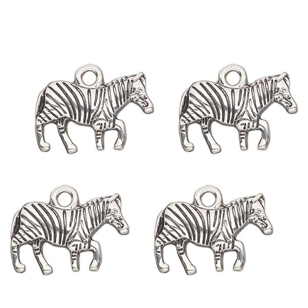 Charm, antique silver-finished "pewter" (zinc-based alloy) , 17x10mm single-sided zebra. Sold per pkg of 4. image number 0