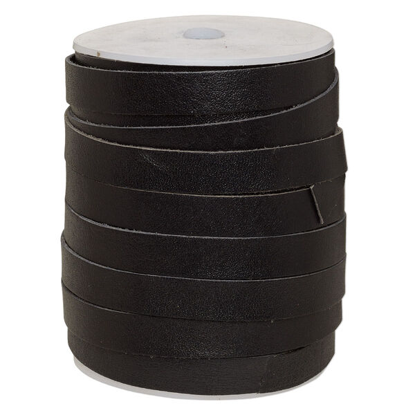 Cord, leather, black, 12mm flat. Sold per 25-yard spool. image number 0