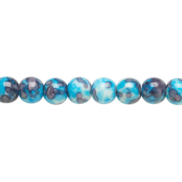 Bead, resin and painted ceramic, blue / white / grey, 6mm round. Sold per 15-1/2" to 16" strand. image number 0