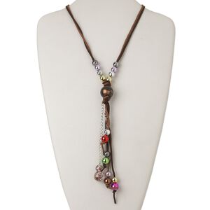 Necklace, 2-strand, lampworked glass / acrylic / velveteen / silver-finished steel, multicolored, 56 inches with 7-1/2 inch dangle and tie closure. Sold individually.