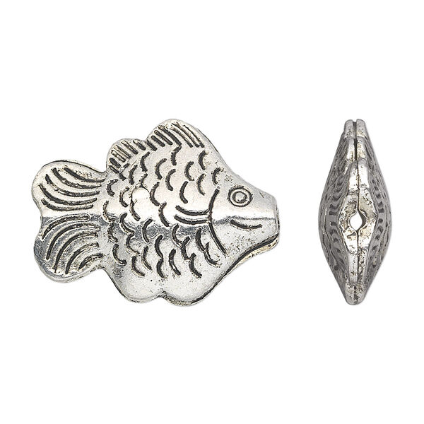 Bead, antique silver-plated "pewter" (zinc-based alloy), 26x19mm hollow fish. Sold per pkg of 10. image number 0