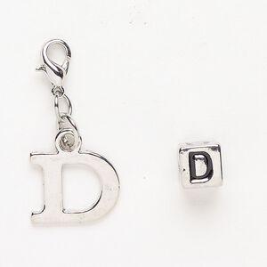Charm and bead 1pkg2 antiqued silver-finished "pewter" (zinc-based alloy) / steel / enamel, black, 15x12mm "D" with lobster claw clasp and 7mm cube with "D".