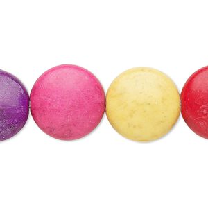 Bead, "howlite" (resin) (imitation). mixed colors, 15-16mm puffed flat round. Sold per 8-inch strand.