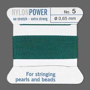 Thread, Griffin, nylon, green, size #5. Sold per 2-meter card (approximately 78 inches).