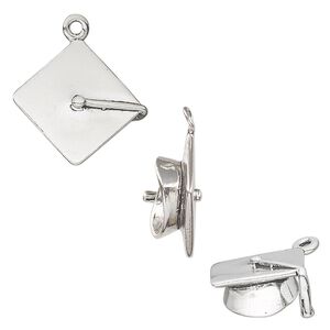 Charm, sterling silver, 18x17mm 3D graduation cap. Sold individually.