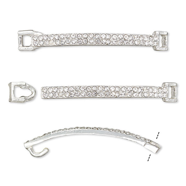 Clasp, hook-and-eye, glass rhinestone and silver-finished "pewter" (zinc-based alloy), clear, 46x6mm single-sided curved rectangle, 3.5x2.5mm inside diameter. Sold per 2-piece set. image number 0