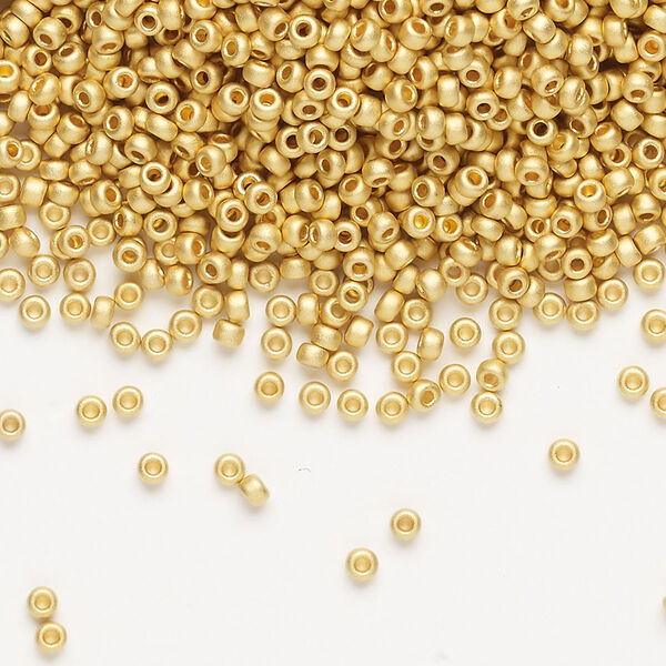 Seed bead, Miyuki, glass, pkg/250g, #11 rocaille, opaque 24Kt gold-plated matte (RR-191F). image number 0