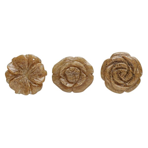 Focal mix, tigerskin glass, translucent, 40x34mm-42x41mm top-drilled carved flower. Sold per pkg of 3. image number 0