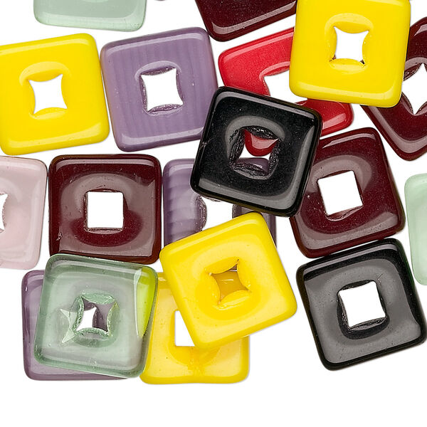 Bead mix, Czech pressed glass, mixed colors, 12x12mm square donut. Sold per pkg of 50. image number 0